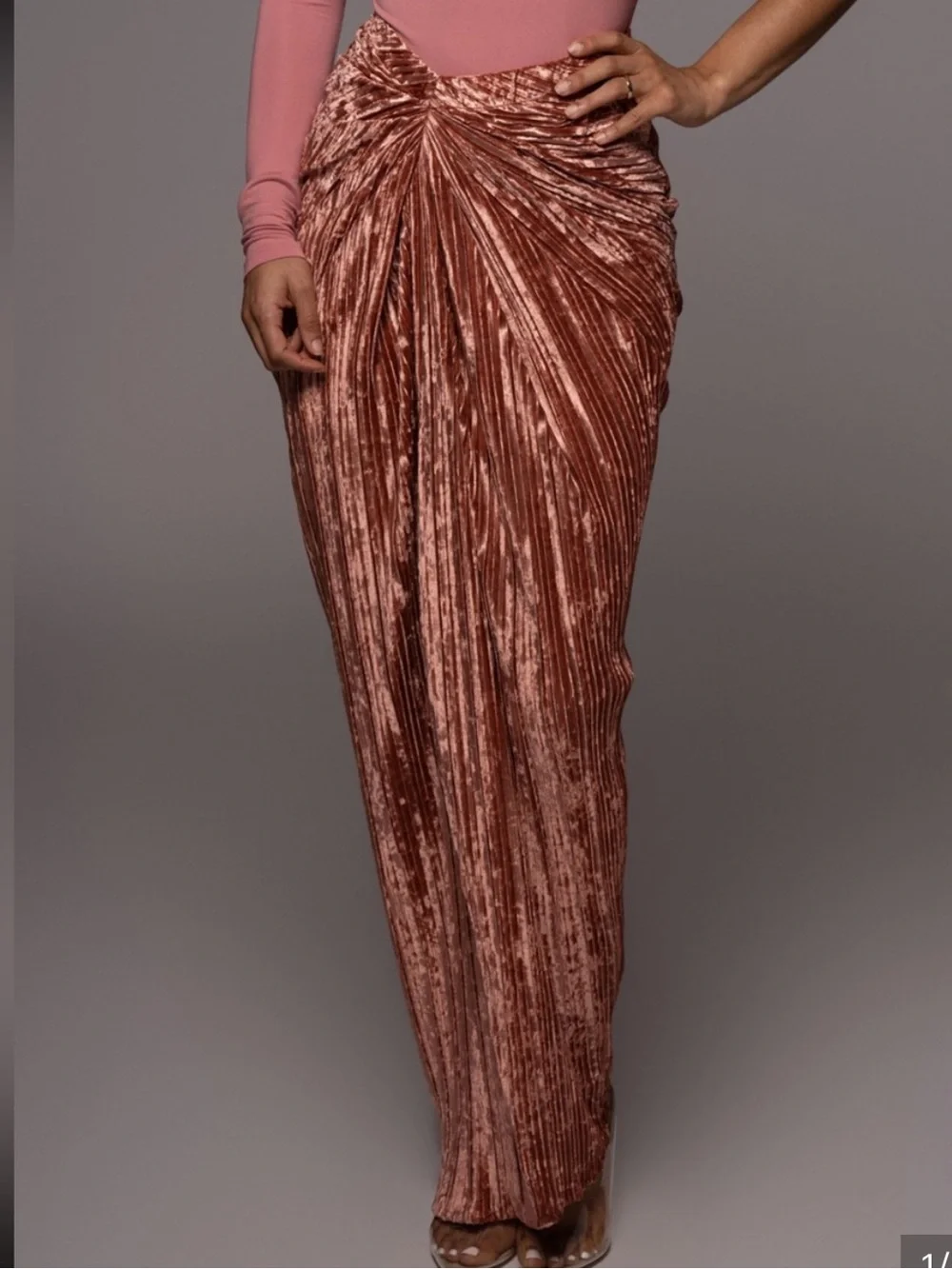 JLUXLABEL Rosewood Crushed Velvet Ruched Maxi Skirt